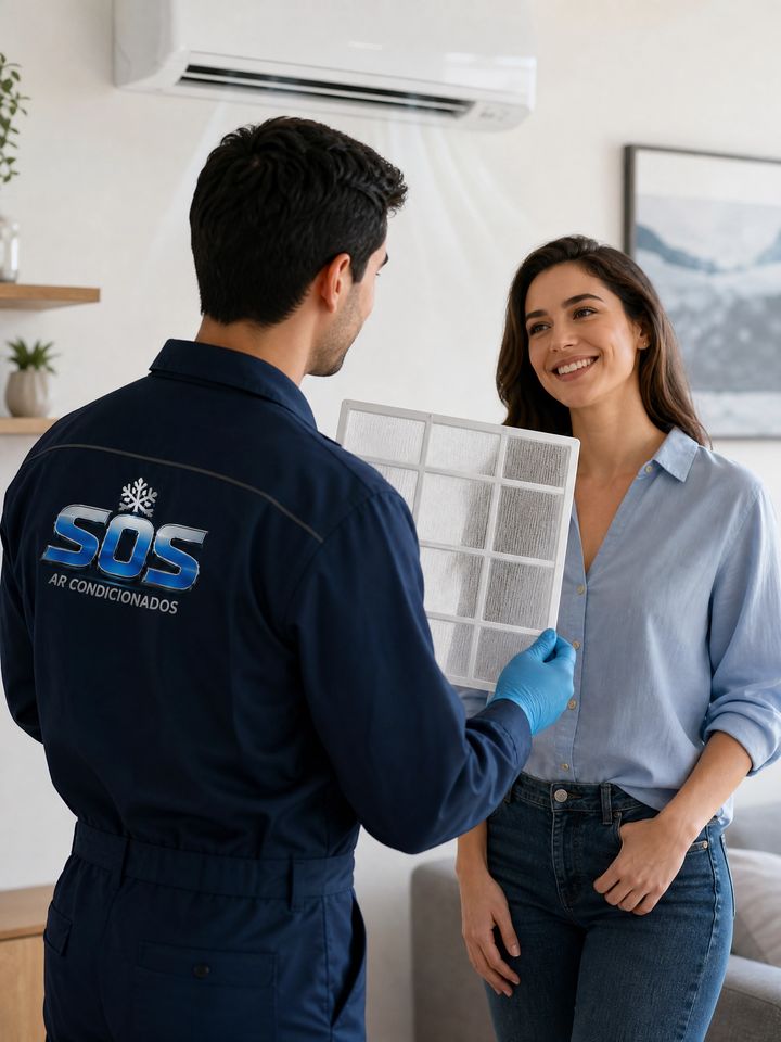 Técnico da SOS Ar Condicionados mostrando o filtro sujo de um ar-condicionado Split a uma cliente